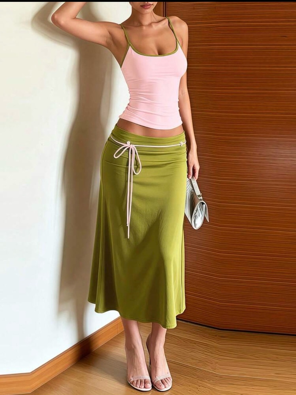Olive Green Midi Skirt with Waist Tie